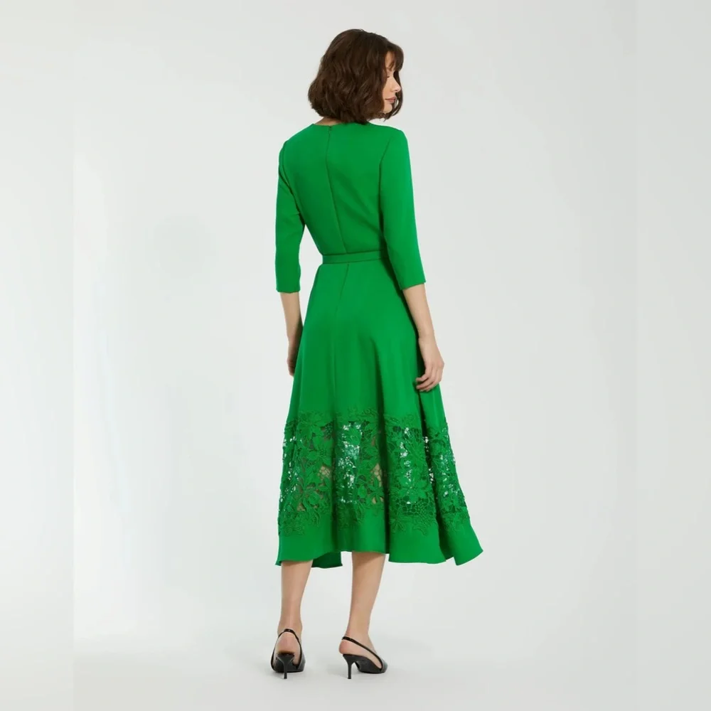 Mac Duggal 21001 Green Crepe Boat Neck Midi Dress With Applique Cut Out Size L - Picture 4 of 9